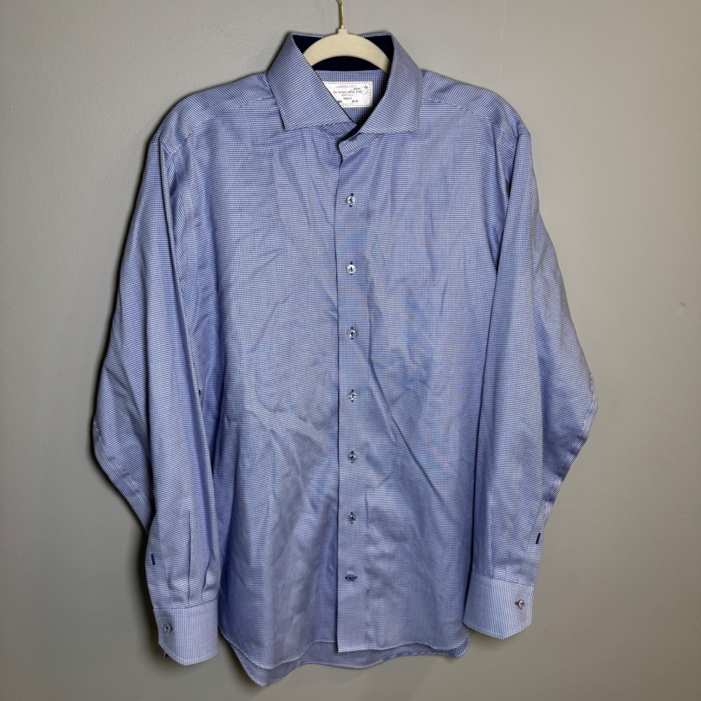 Lorenzo Uomo Trim Fit Blue White Micro Houndstooth Cotton Dress Shirt 16.5 34-35